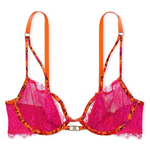 Victoria’s Secret 34D Pink & Orange Tropical Print Satin Lace Demi Bra - Picture 1 of 5